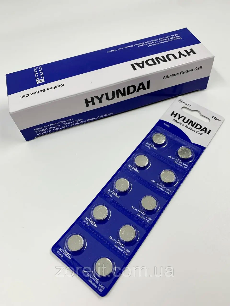 Батарейка AG10 (LR54, G10, LR1130, LR1131, 189, GP89A, 389, SR1130W) 1,5V, 10шт/уп. HYUNDAI - фото 1