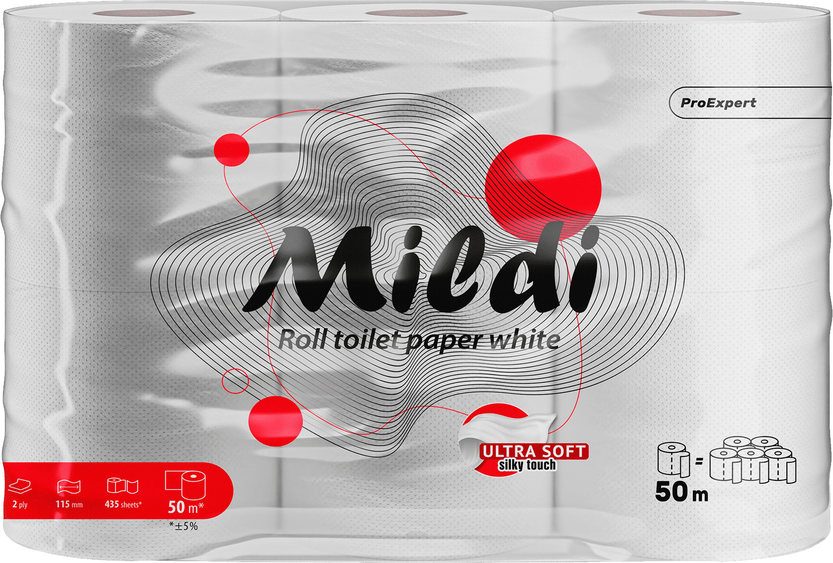 Туалетная бумага Стандарт, 2-х сл., целлюлоза, 435отр.(9,3*11,5см.), 6шт./уп., бел. Mildi Pro Expert Украина - фото 1