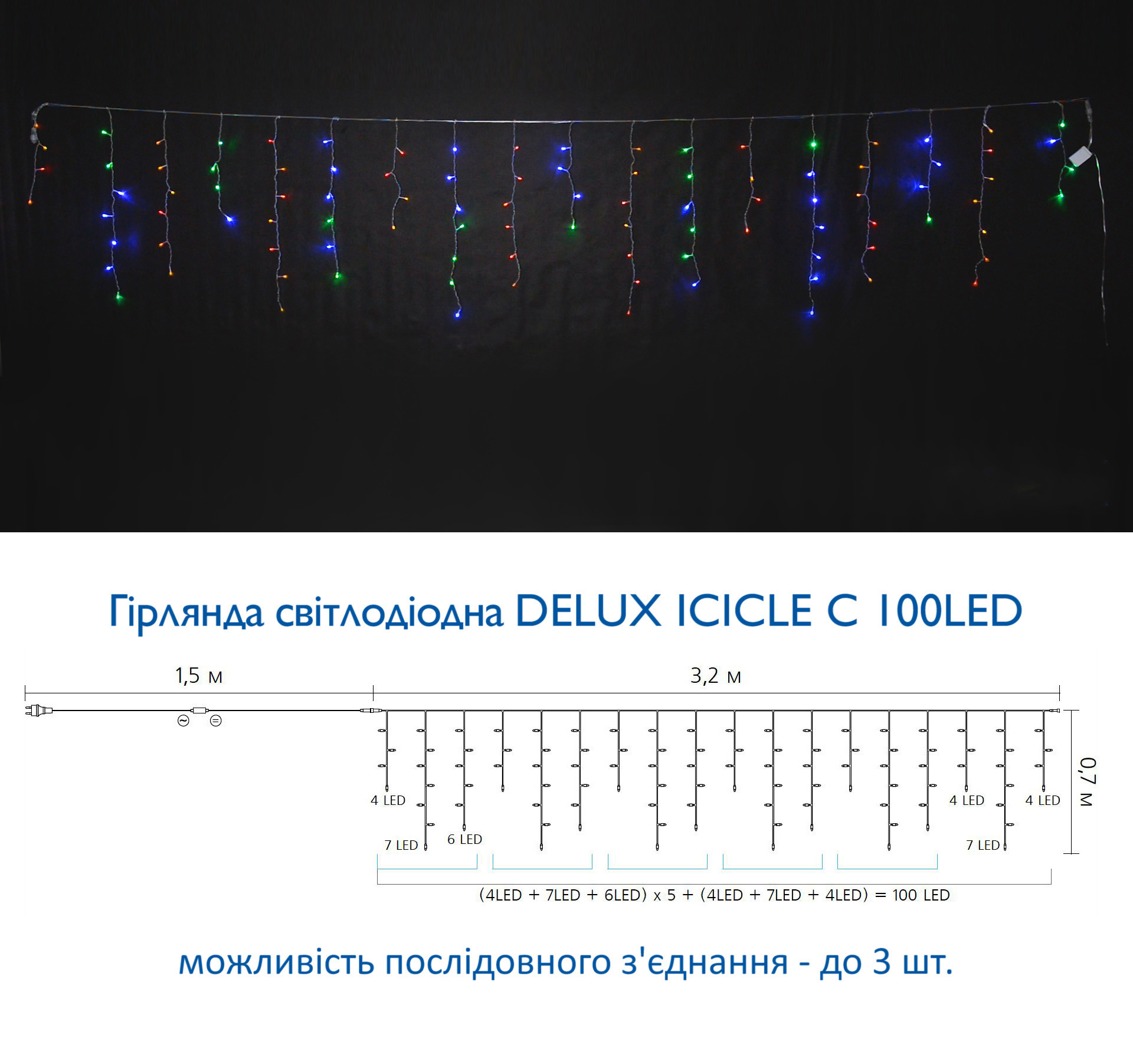 Гирлянда внутренняя DELUX ICICLE С 100 LED, бахрома, 3,2x0,7м, мульти/прозрачный, IP20 (90015254) DeLux - фото 2
