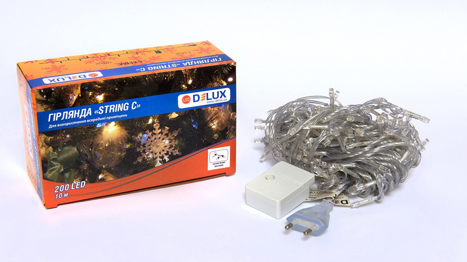 Гирлянда внутренняя DELUX STRING С 200LED, 10м, тепл. белый/прозрачный, IP20 DeLux - фото 1