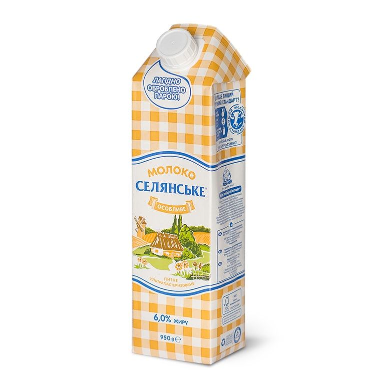Молоко 950мл., 6%, длительного хранения, ультрапастеризованное Селянське - фото 1