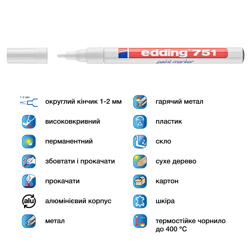 Маркер термостойкий лаковый, для любых поверхностей Paint e-751 1-2мм., круглый, бел. Edding - фото 1