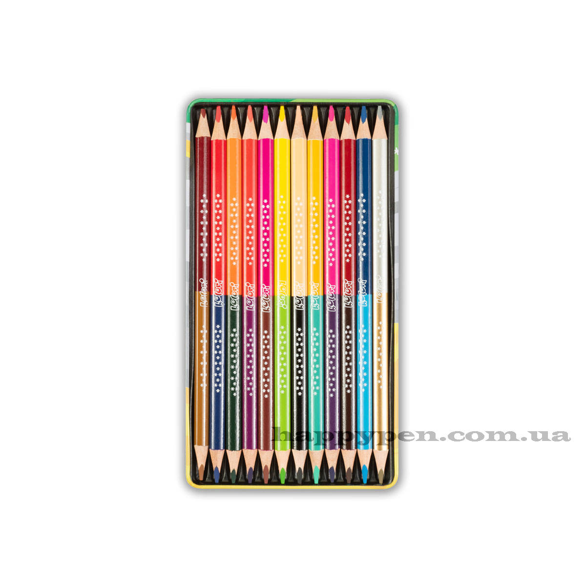 Олівці кольорові двосторонні 12шт/24кол. Kolori Premium Quality, трикутні в металевій коробці Penmate - фото 1