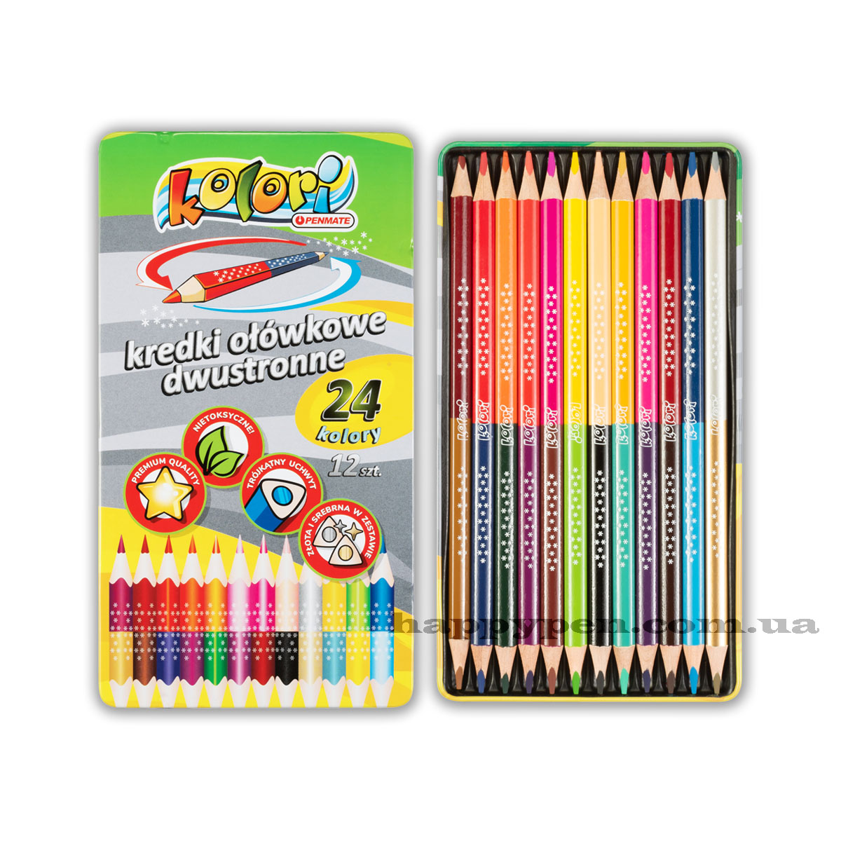 Олівці кольорові двосторонні 12шт/24кол. Kolori Premium Quality, трикутні в металевій коробці Penmate - фото 2