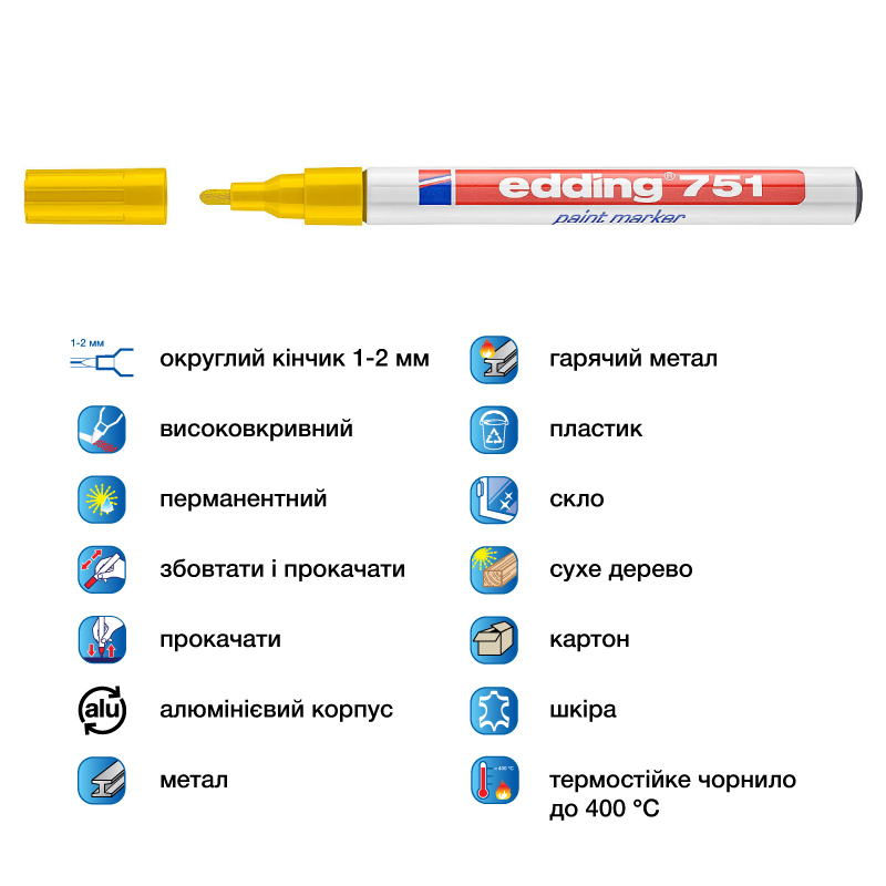 Маркер термостойкий лаковый, для любых поверхностей Paint e-751 1-2мм., круглый, желт. Edding - фото 4
