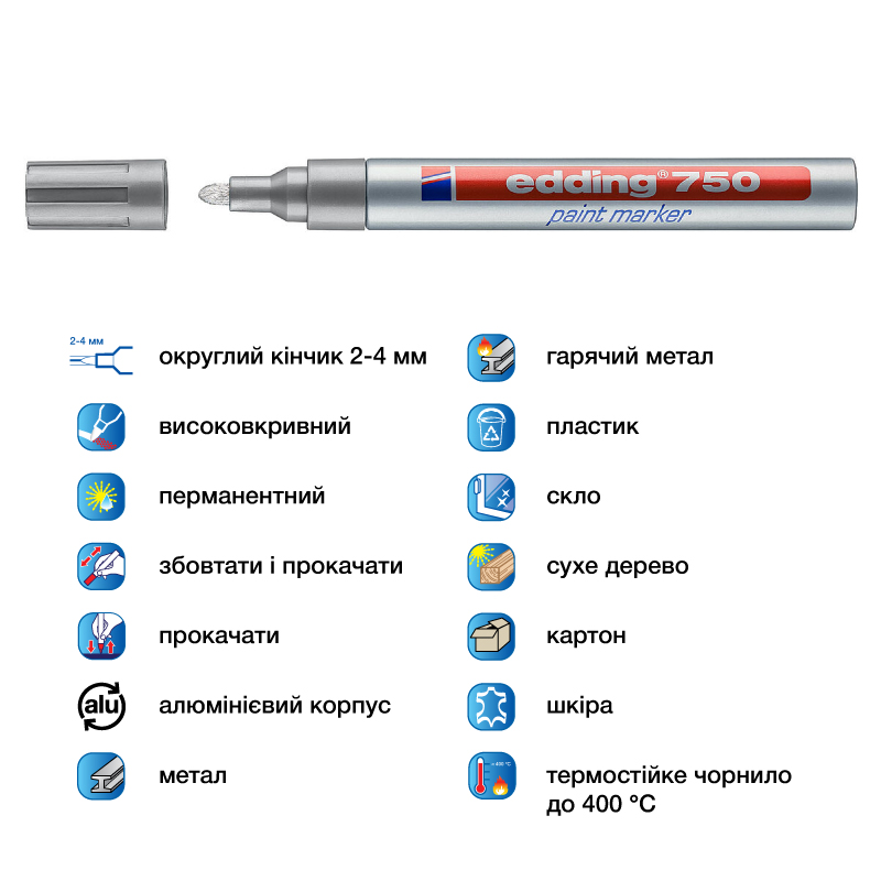 Маркер термостойкий лаковый, для любых поверхностей Paint e-750 2-4мм., круглый, серебр. Edding - фото 4