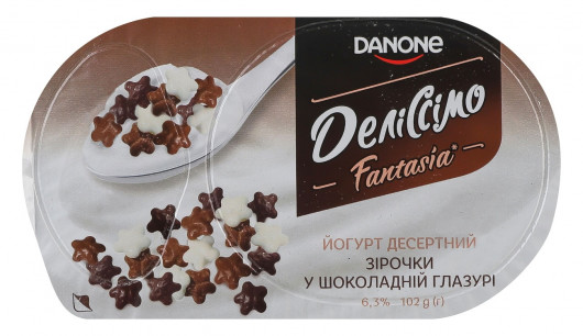 Йогурт десертный Делиссимо Fantasia звездочки в шоколадной глазури 6,3%, 102г. (4820226168447) DANON - фото 1