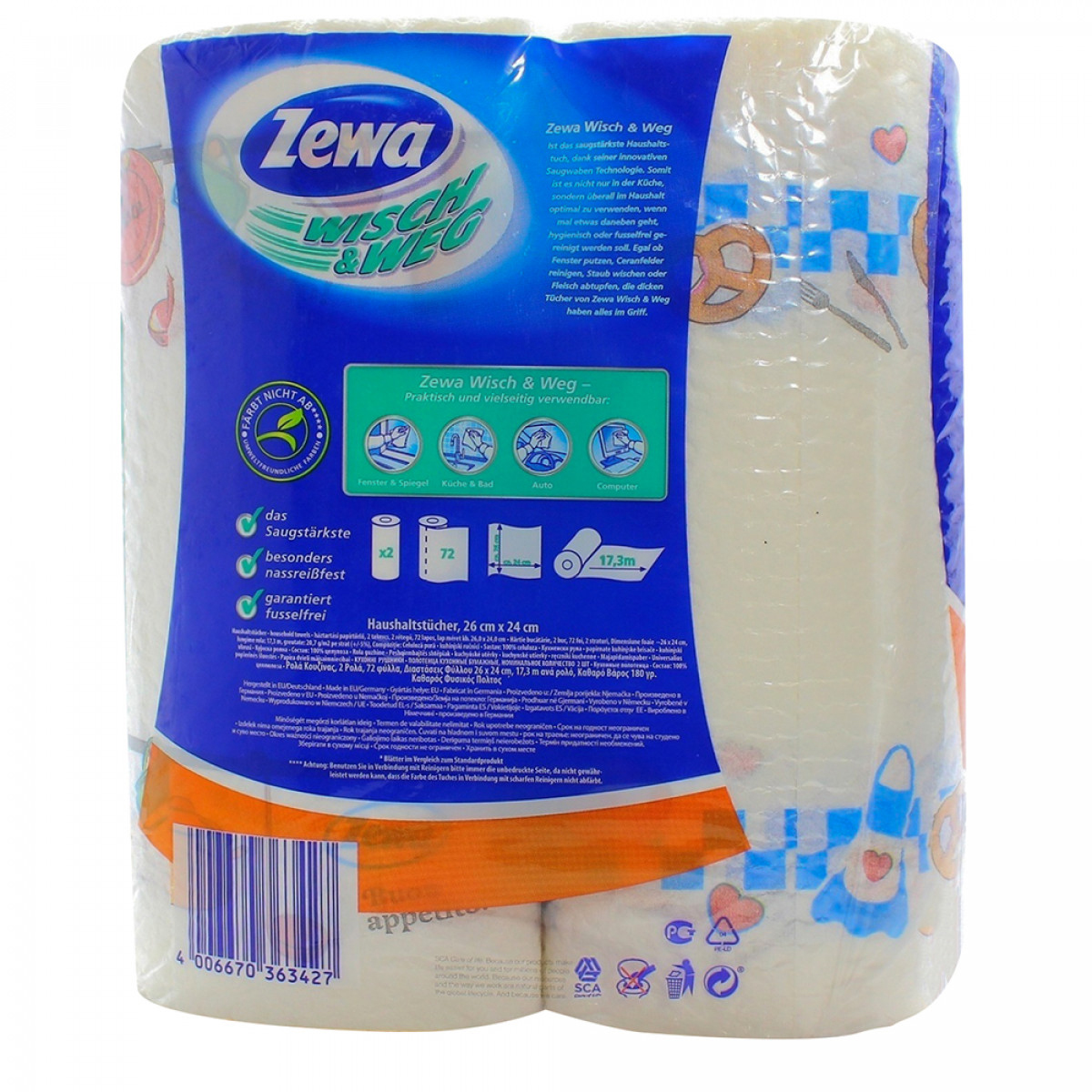 Полотенца рулонные 2-х сл., целлюлоза, 72отр.(24*25см.) 2шт./уп., Wisch & Weg Design, бел. ZEWA - фото 2