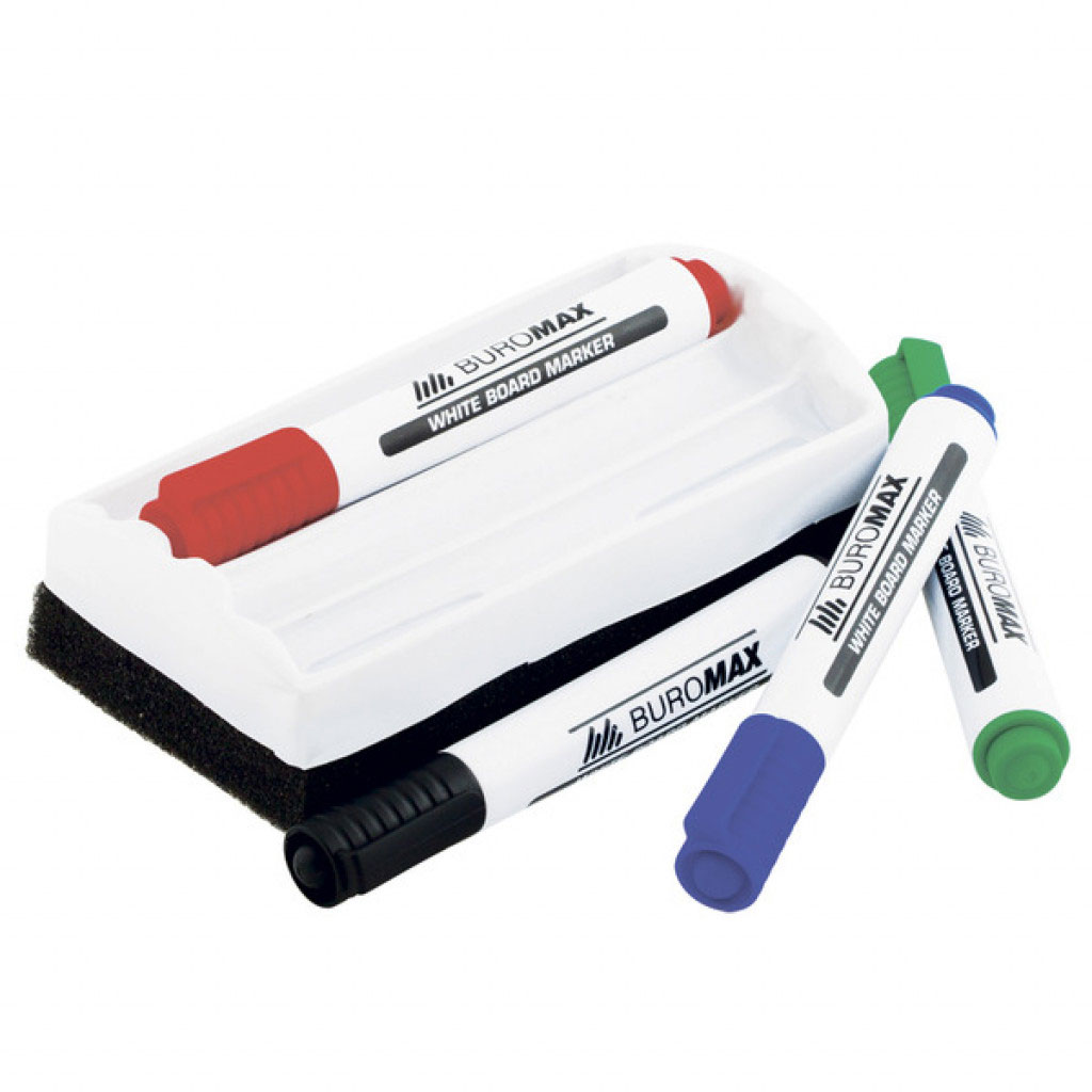 Маркер для дошок, круглий наконечник 2-4мм.,  набір 4шт./уп. + губка для дошок BuroMax - фото 2