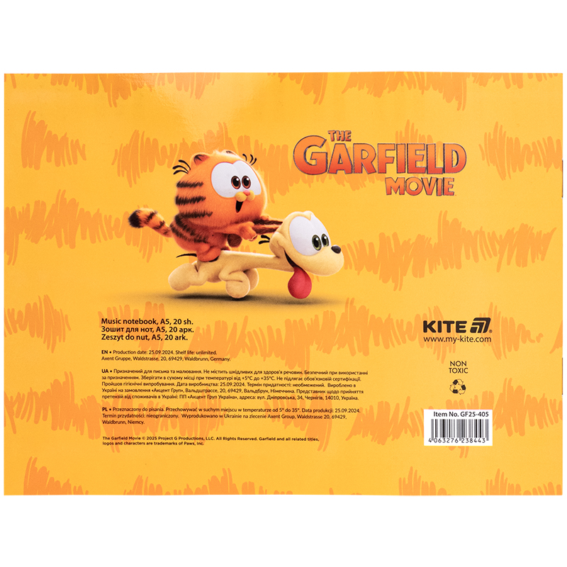 Зошит для нот А5, 20 л, «Garfield» Kite - фото 3