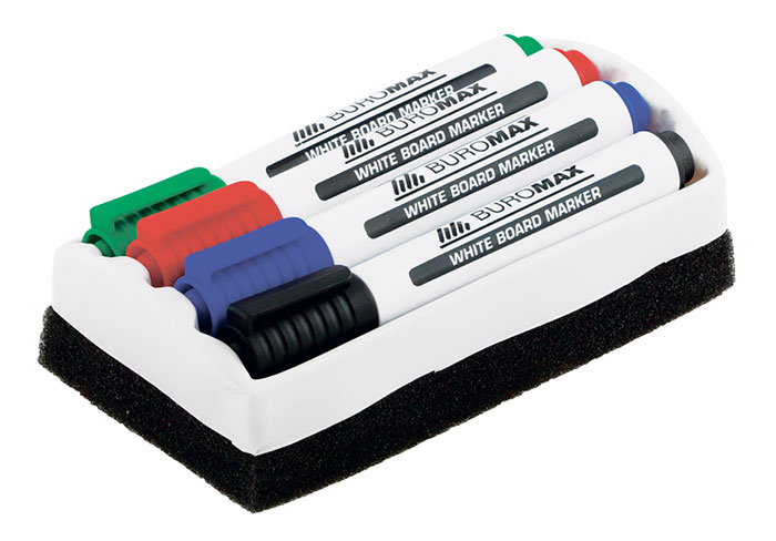 Маркер для дошок, круглий наконечник 2-4мм.,  набір 4шт./уп. + губка для дошок BuroMax - фото 3
