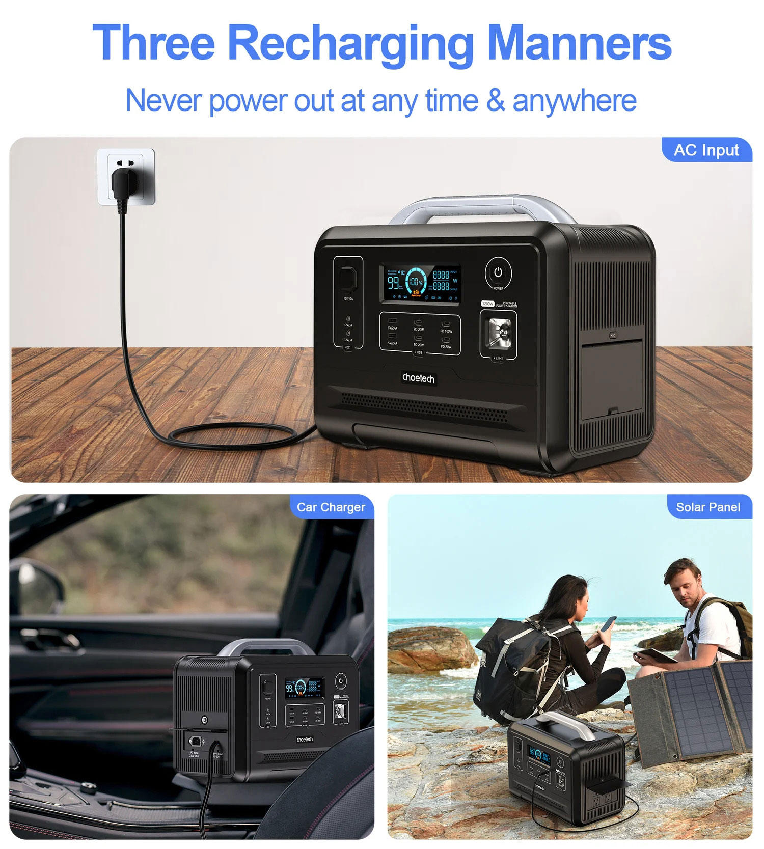 Мобильная зарядная станция Choetech 1200W, 960Wh., PD ports: 1*100W, 1*20W.,USB-A 2*5V/2.4A, LiFePo4 CHOETECH - фото 7