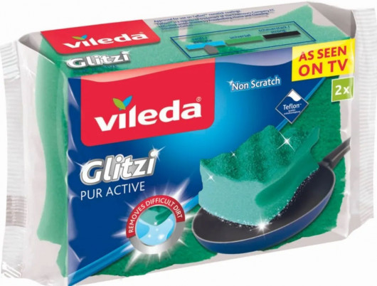 Губка кухонная Glitzi Pur Active, 95*70*45мм., для тефлона, 2шт/уп., зелен. Vileda - фото 1