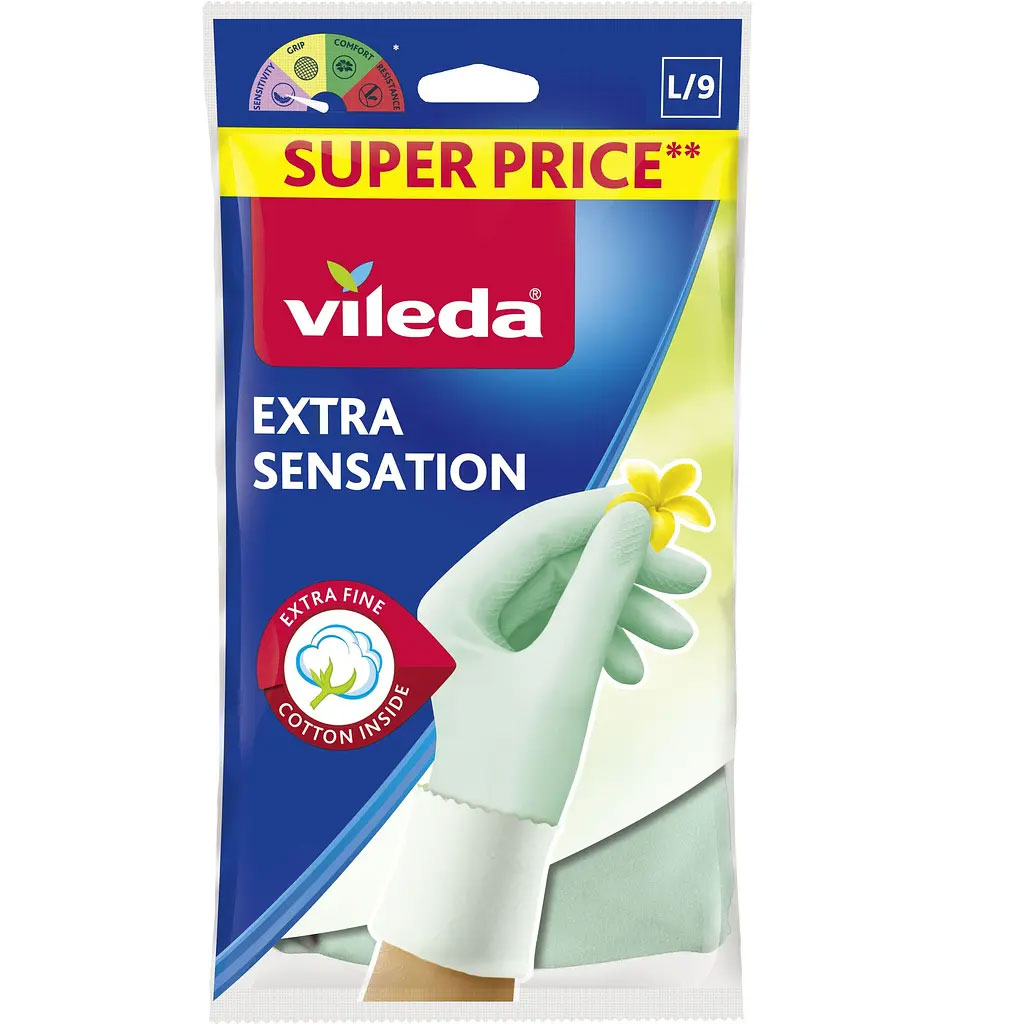 Рукавички гумові для приберання Extra Sensation L, великі, м'ятний Vileda - фото 1