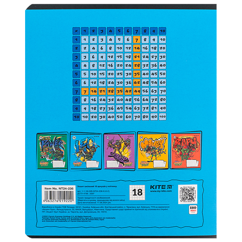Зошит 18 арк., кл., софт тач + УФ лак, Ninja Turtles (NT24-236) Kite - фото 1