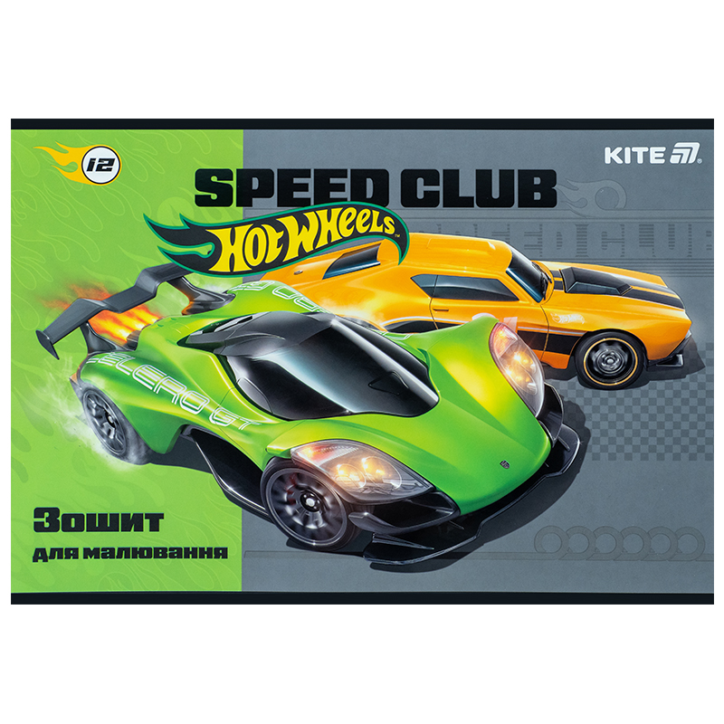 Тетрадь для рисования, 12 лист., скоба, софт тач + УФ лак, Hot Wheels (HW25-241) Kite - фото 1
