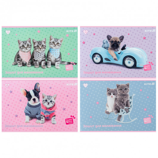 Тетрадь для рисования, 12 лист., скоба, софт тач + УФ лак, Studio Pets (SP25-241) Kite - фото 1