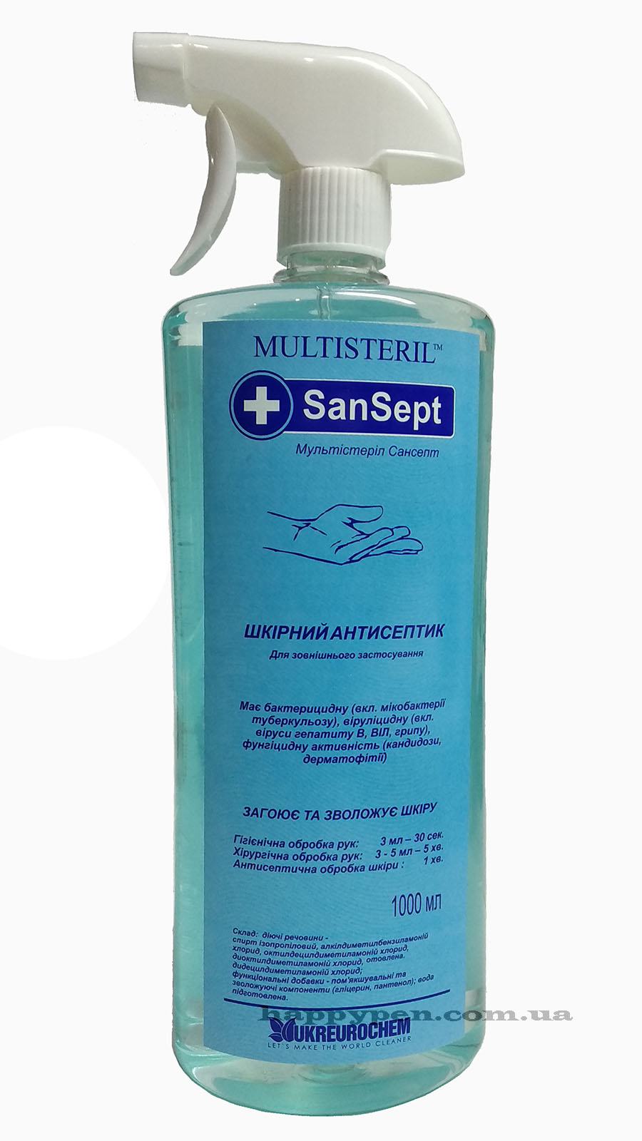 Антисептик для  дезінфекції рук та шкіри МУЛЬТИСТЕРИЛ САНСЕПТ, 1л (з роспилювачем)  Укреврохим - фото 2