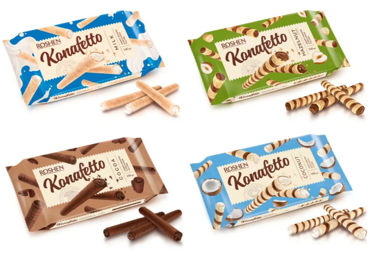 Трубочки вафельные Konafetto с начинкой крем-какао, 140г. Roshen - фото 1