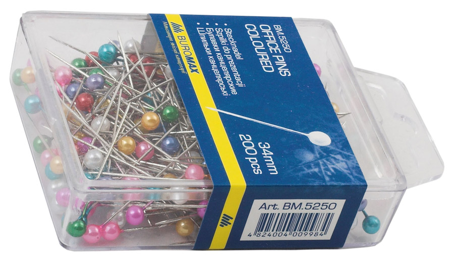 Булавки цветные 34мм., 200шт., пластик. упак. ассорт. BuroMax - фото 4