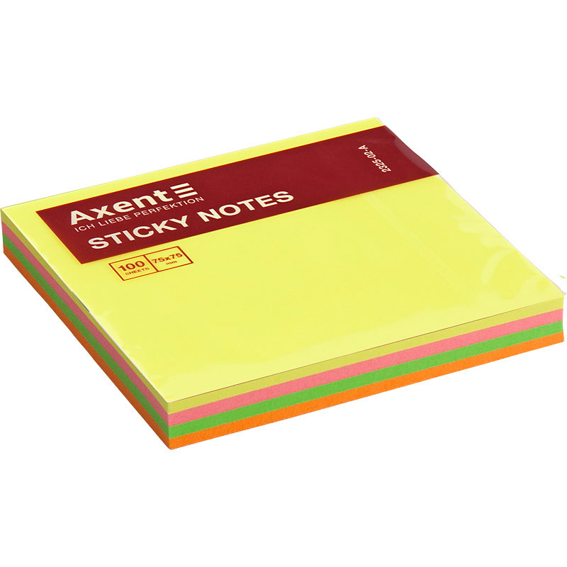 Блок бумаги с клейким слоем 75*75мм.*100 листов, неоновая радуга Axent - фото 1