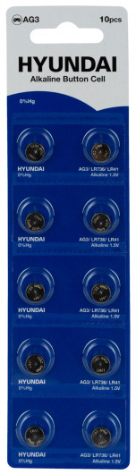Батарейка AG3 (LR41,384, 392, 194, LR736, L736, GP192, V36A) 1,5V, 10шт./уп. HYUNDAI - фото 1