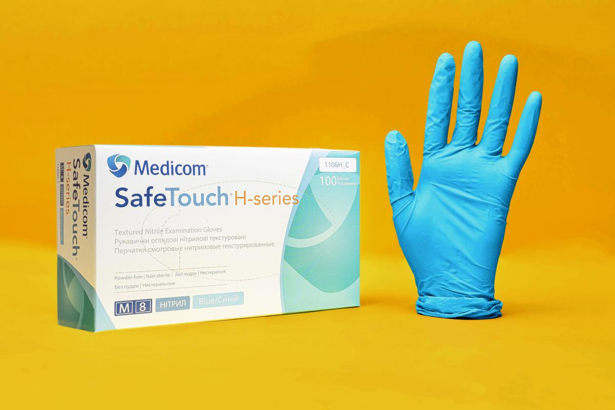 Рукавички нітрілові без пудри, M (100шт/уп.) SafeTouch® H-series, блакит. Medicom - фото 4