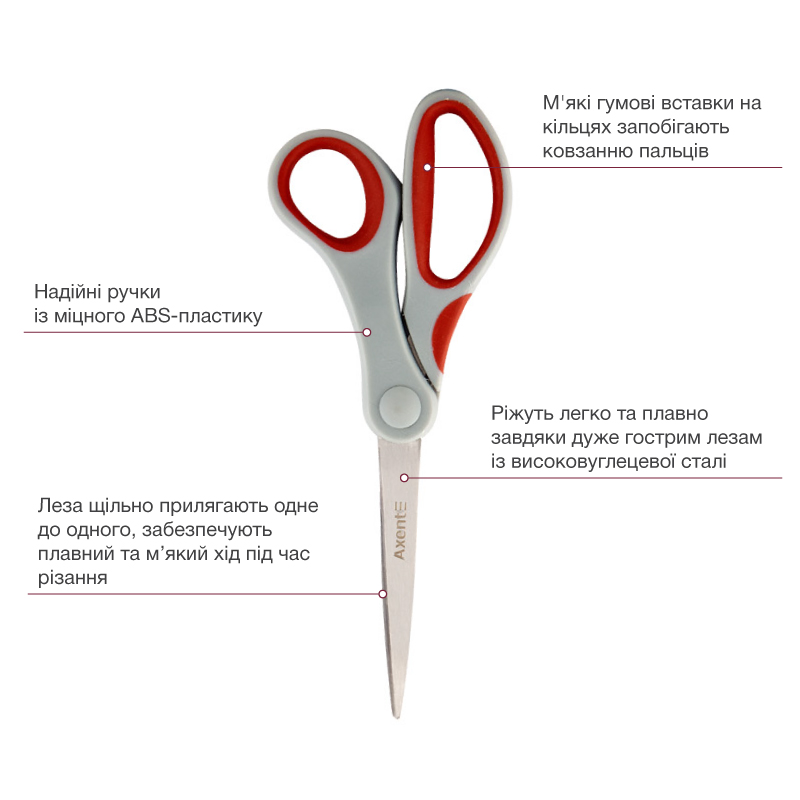 Ножиці 20см. Duoton, сіро-червоні Axent - фото 1
