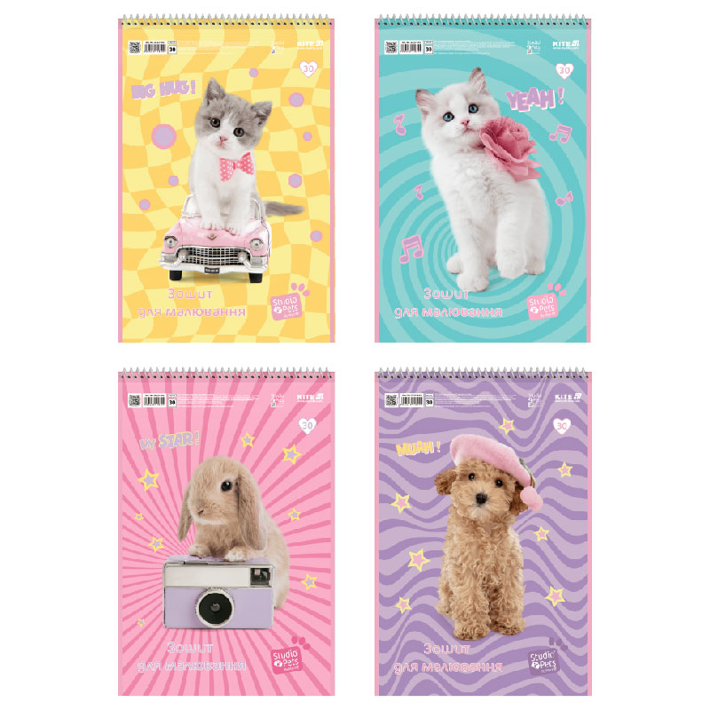 Тетрадь для рисования, 30 л., спир., УФ лак + глиттер, «Studio Pets» Kite - фото 1