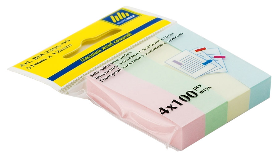 Закладки бумажные 12х51мм., 400шт., 4 цвета по 100 листов, пастель BuroMax - фото 1