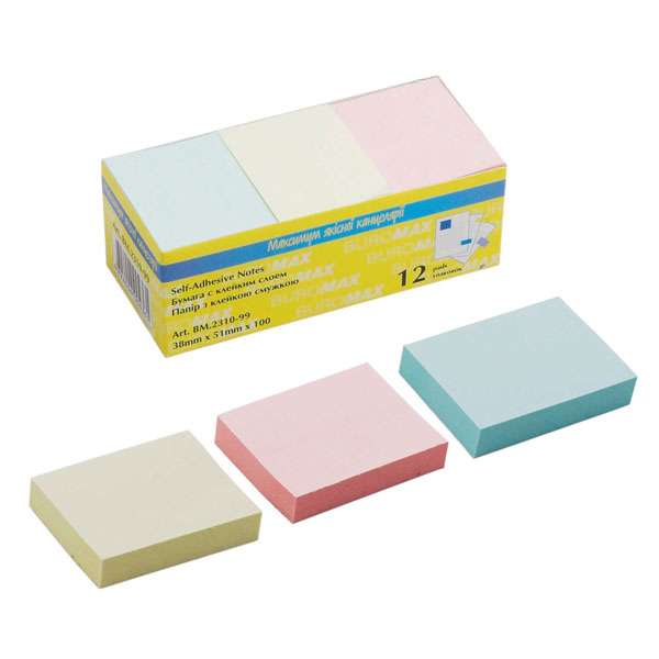 Блок паперу з клейким шаром 38*51мм.*100л., 12шт/уп., пастель асорті BuroMax - фото 2