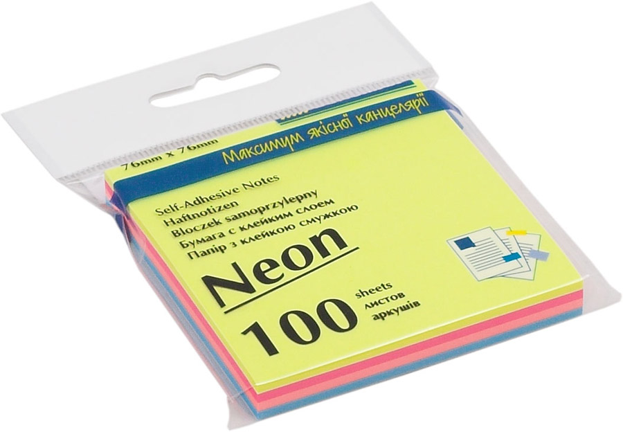 Блок паперу з клейким шаром 76*76мм.*100л., неонова веселка BuroMax - фото 1