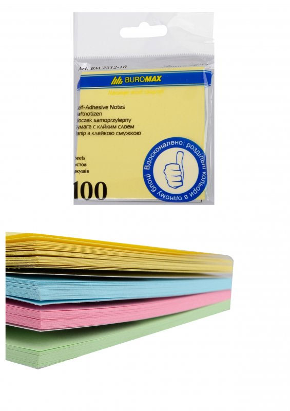 Блок бумаги с клейким слоем 76*76мм.*100 листов, пастельная радуга BuroMax - фото 2