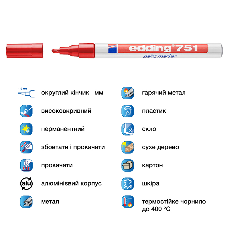 Маркер термостійкий лаковий для будь яких поверхонь Paint e-751 1-2 мм круглий, черв. Edding - фото 2