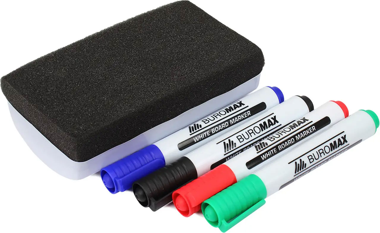 Маркер для дошок, круглий наконечник 2-4мм.,  набір 4шт./уп. + губка для дошок BuroMax - фото 5