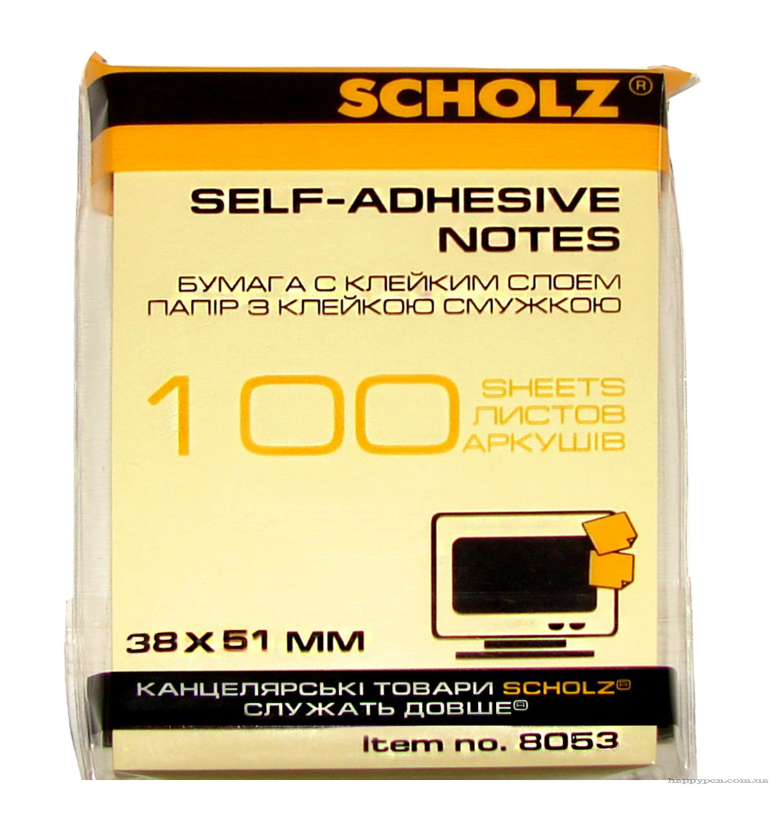 Блок бумаги с клейким слоем 38*51мм.*100 листов, желт. Scholz - фото 1