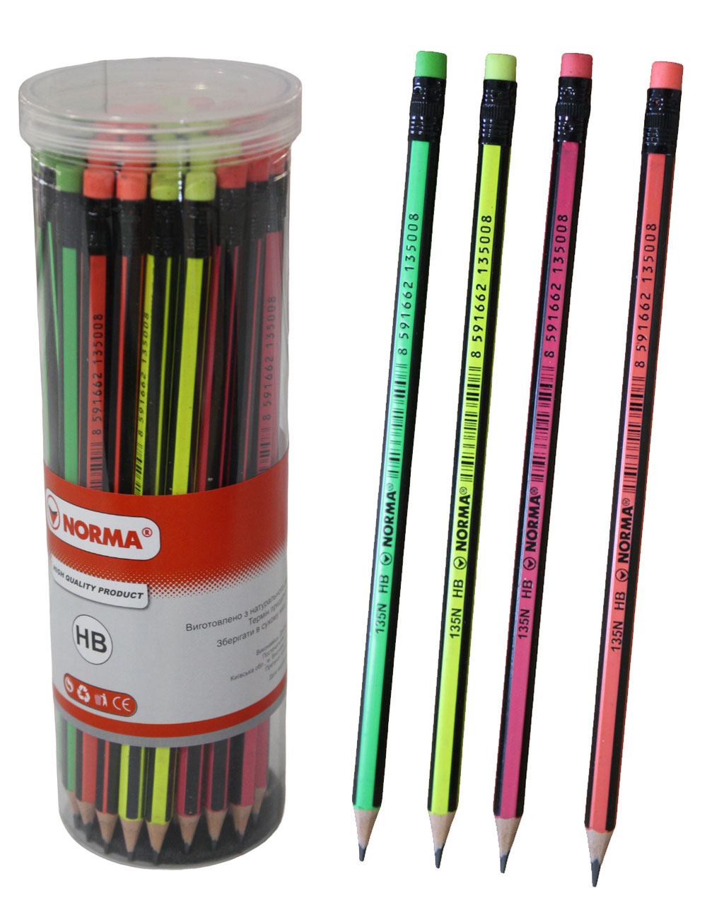 Олівець простий графітний з гумкою HB 135N, шестигранний, асорті NORMA - фото 1