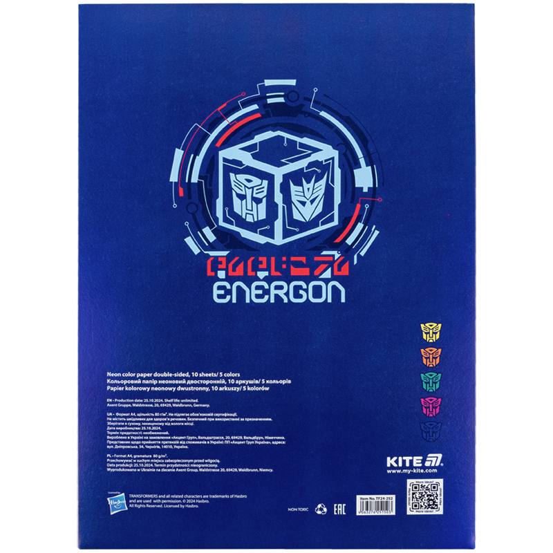 Папір кольор. неон. (10арк/5кол), A4  «Transformers» Kite - фото 3