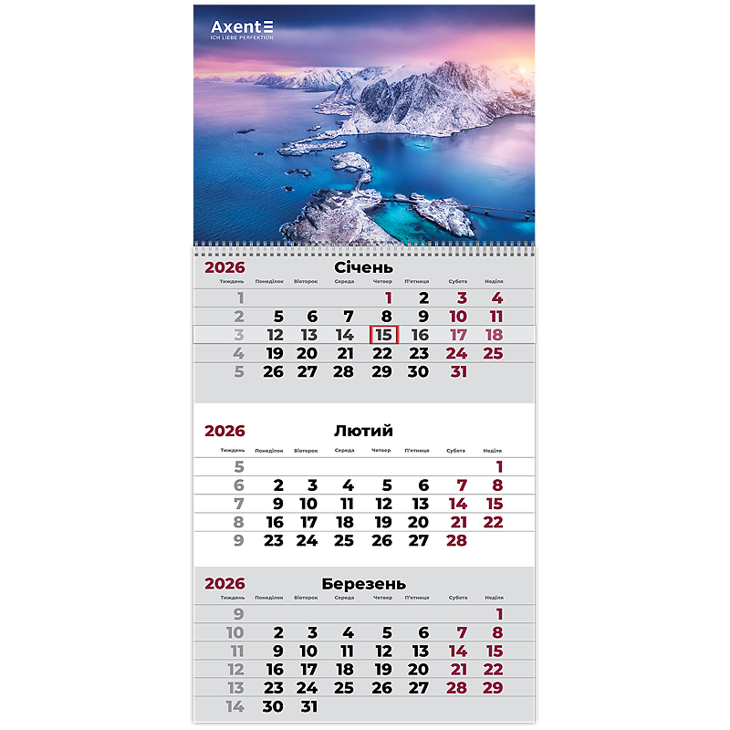 Календарь настінний квартальний 2026 р. на 1 пружину Nature 1 Axent - фото 2