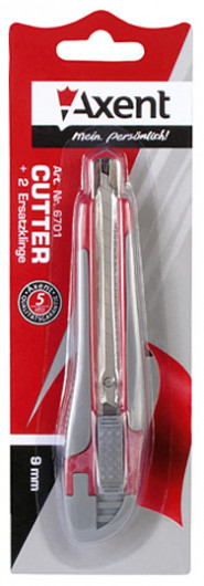 Нож канцелярский малый 9мм., метал. направляющая, пласт. прорезиненный корпус, красно-серый Axent - фото 4