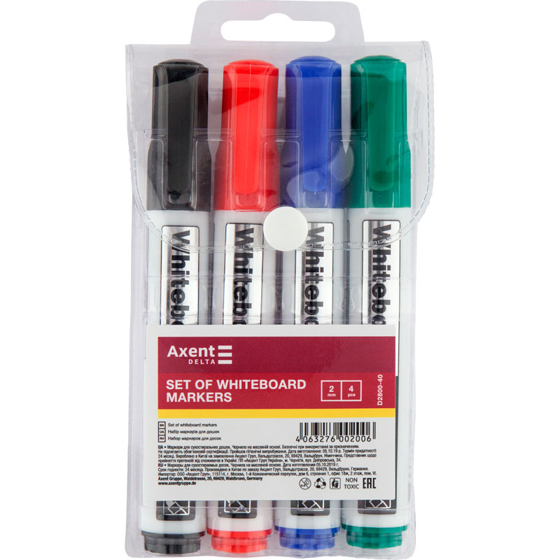 Маркер для дошок, круглий наконечник 2мм., d2800, набір 4шт./уп., асорті Axent - фото 2