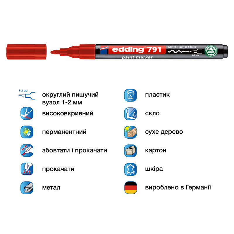 Маркер для маркировки любых поверхностей, термостойкий e-791n, 1-2мм., красный Edding - фото 1