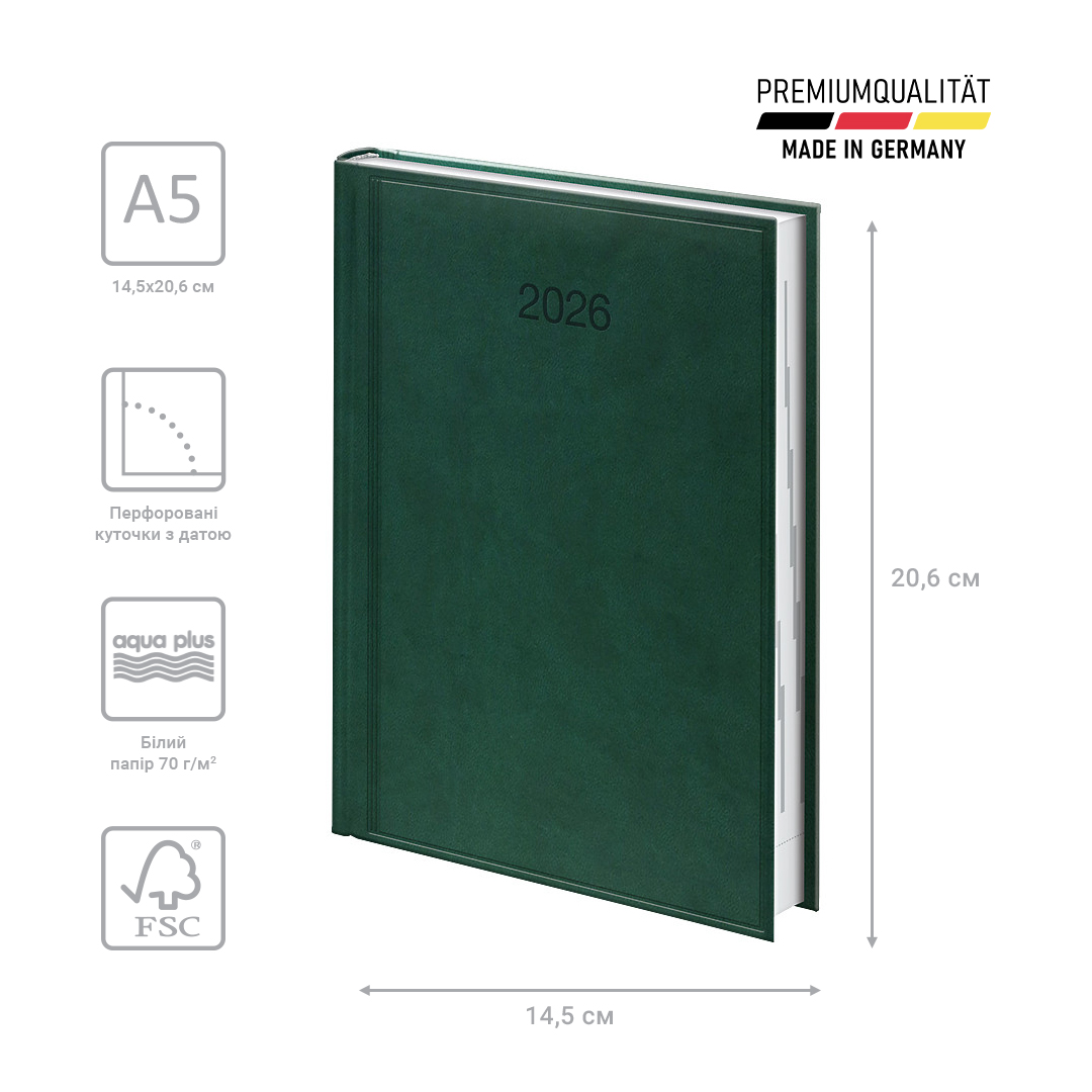 Щоденник 2026 Стандарт Torino, сліпе тиснення, зелений Brunnen - фото 2