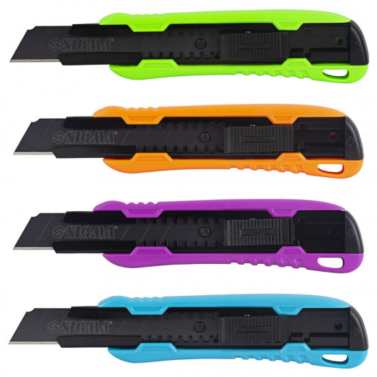Нож канцелярский большой 18мм., пластиковый корпус, автомат. фиксатор, ассорт. Sigma - фото 1