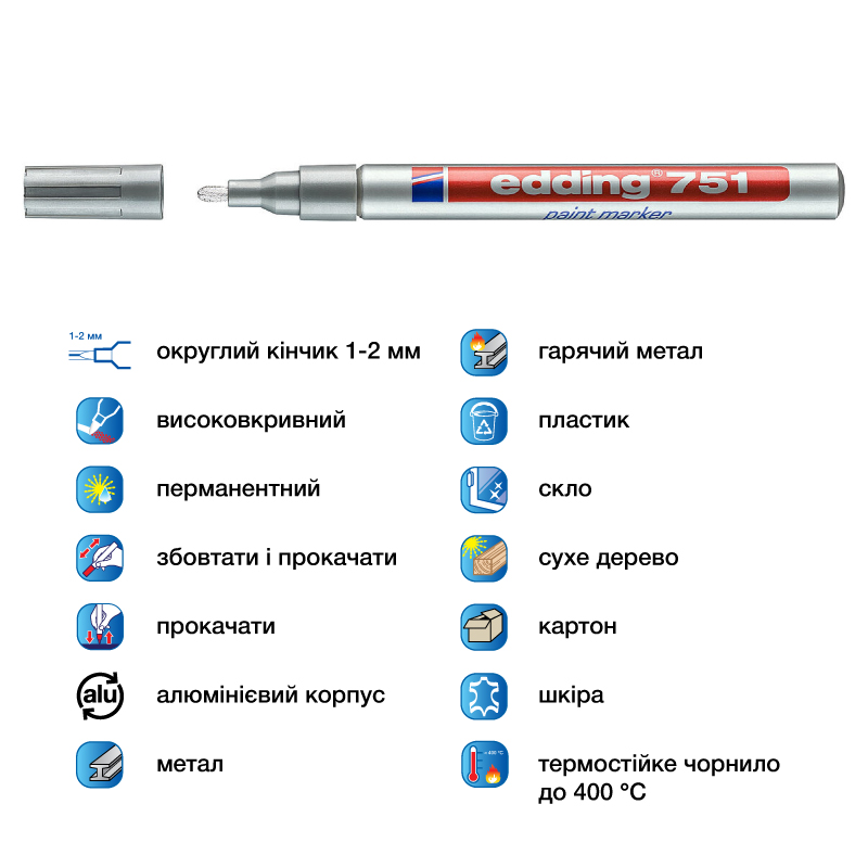 Маркер термостійкий лаковий для будь яких поверхонь Paint e-751 1-2 мм круглий, срібл. Edding - фото 4