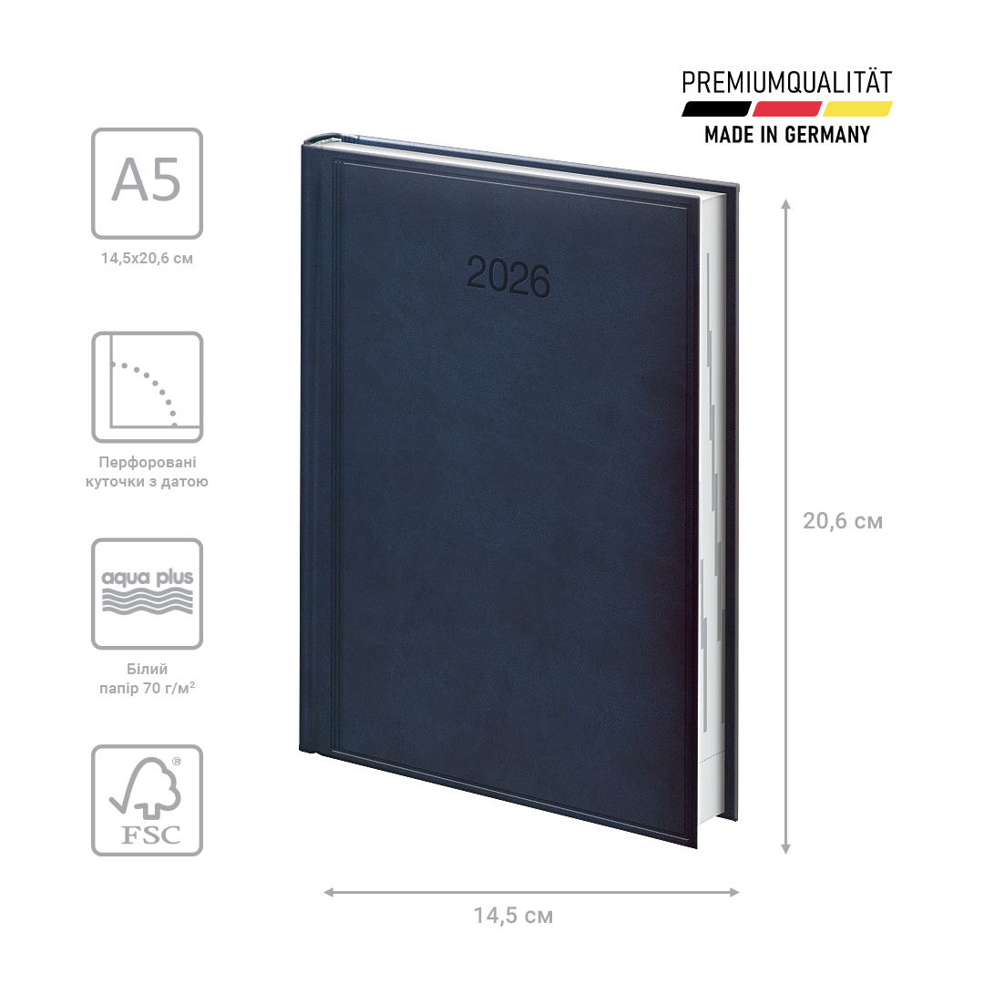 Щоденник 2026 Стандарт Torino, сліпе тиснення, синiй Brunnen - фото 3