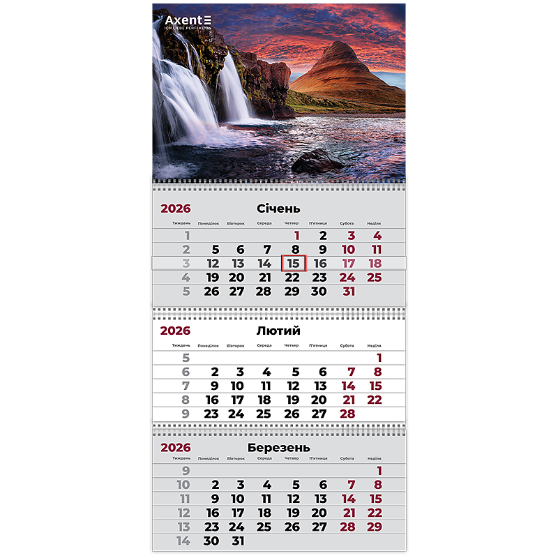 Календарь настенный квартальный 2026г, 3  пр., Waterfalls 3 Axent - фото 1