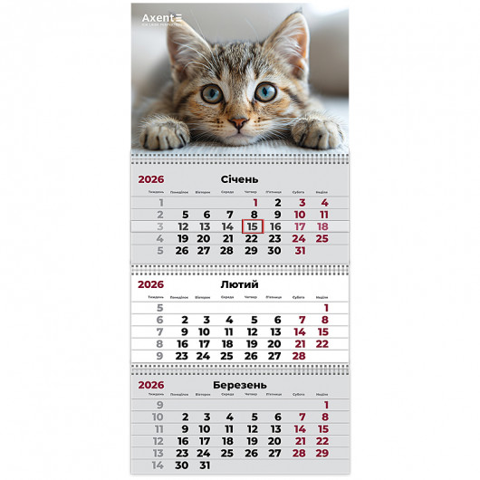 Календарь настенный квартальный 2026г, 3  пр., Cats 1 Axent - фото 1