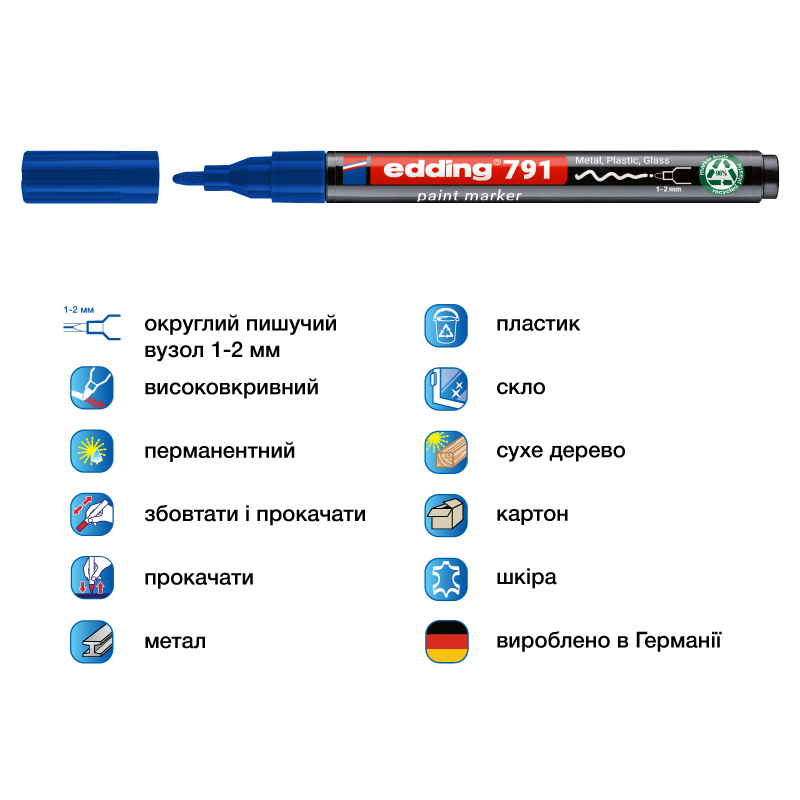 Маркер для маркування усіх поверхонь e-791n, круглий наконечник 1-2мм., син. Edding - фото 2