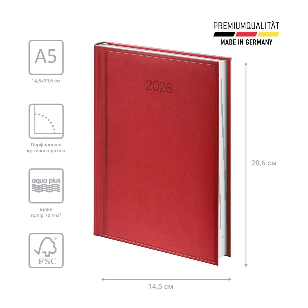 Щоденник 2026 Стандарт Torino, сліпе тиснення, червоний Brunnen - фото 4